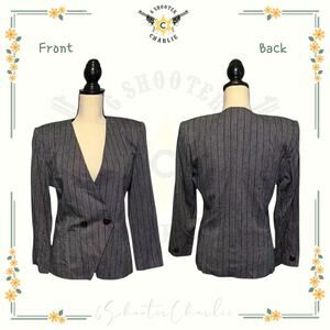 VTG Michelle Stuart Black/Gray Pinstripe Double Breasted Blazer Sz 4 Suit Jacket